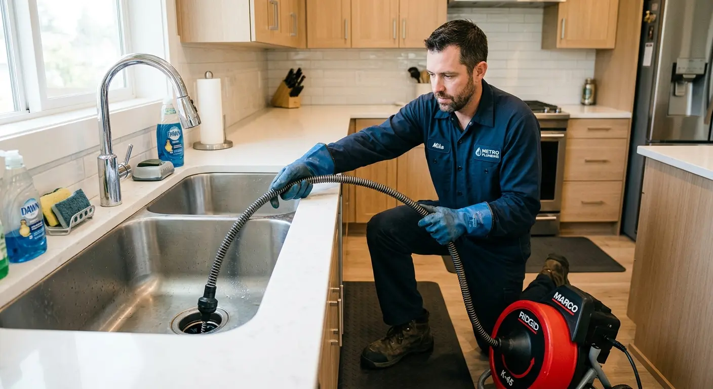 Drain cleaning technician using a motorized snake on a kitchen sink in New Garden