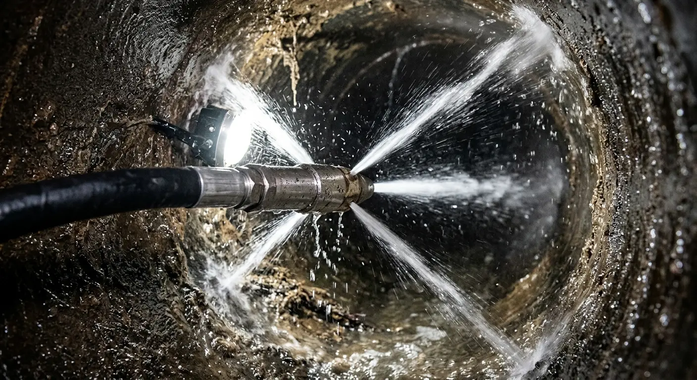 High-pressure hydro jetting nozzle cleaning sewer pipe for Emergency Drain Service in New Garden