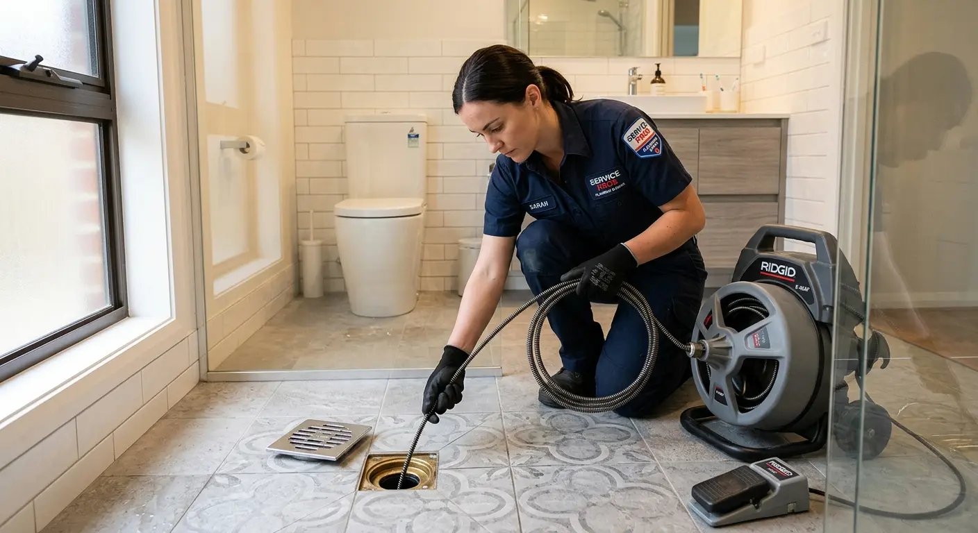 Technician clearing a bathroom floor drain for Clogged Drain Repair in New Garden